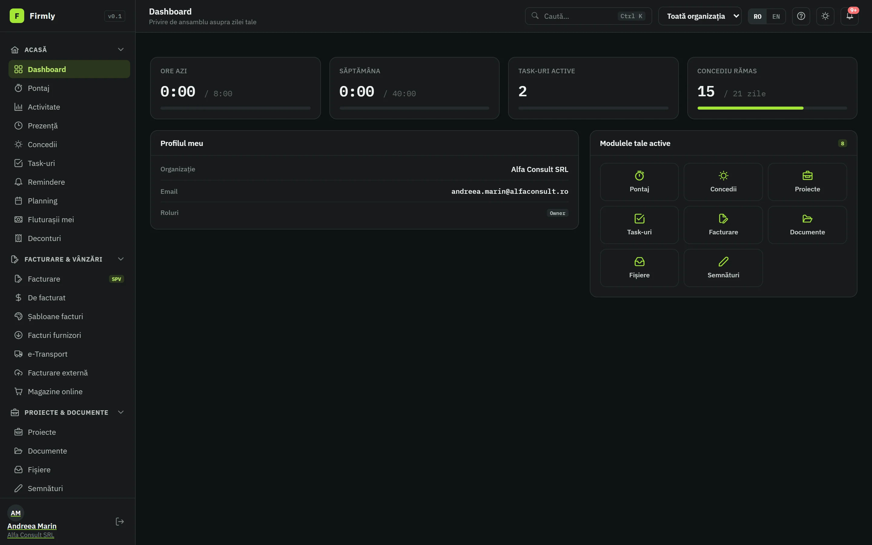 Dashboard Fivanto: ore azi și pe săptămână, task-uri active, concediu rămas și modulele active
